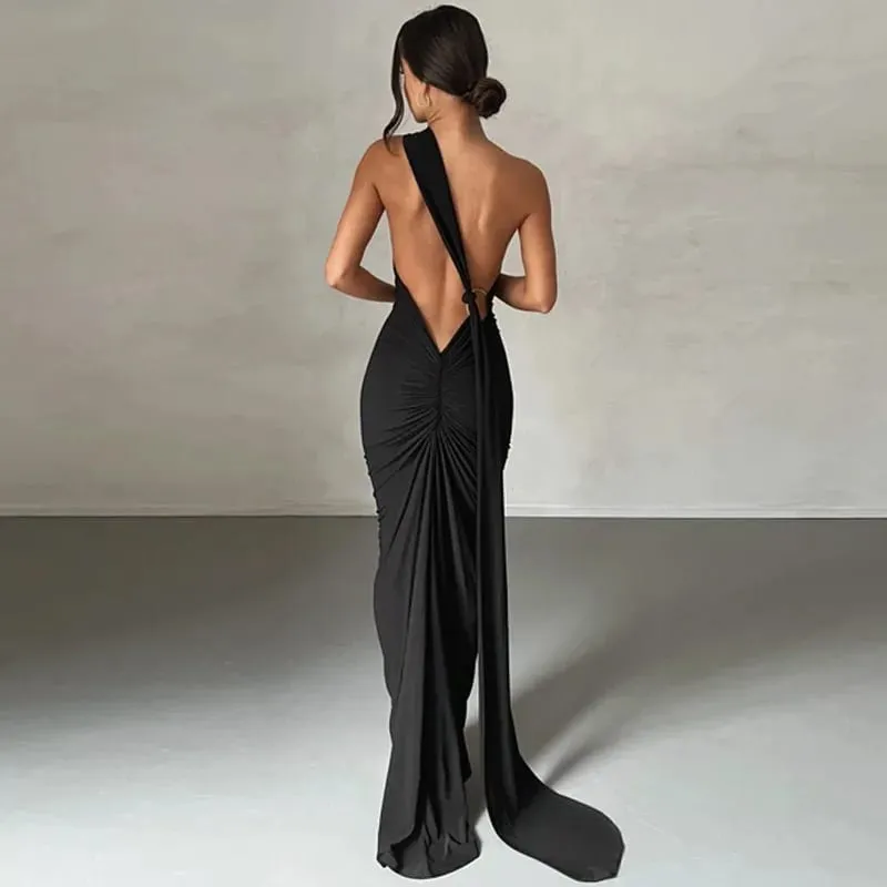 Abito maxi senza maniche monospalla da donna Sciarpa regolabile con passante increspato senza schienale aderente Festival Party Outfit Abito lungo elegante