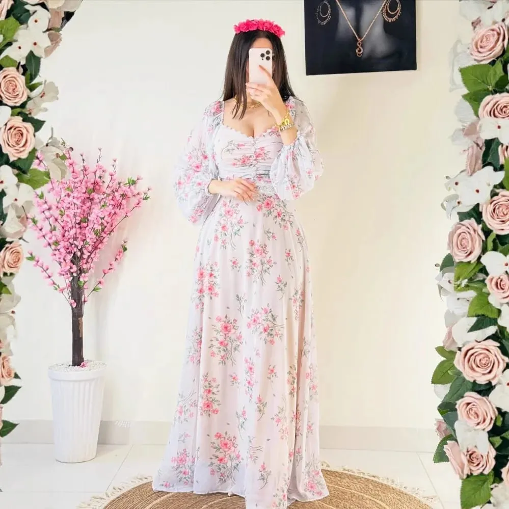 2025 Spring Summer American New Fashion Women's Printed Lace V-neck Long Sleeve Ankle Length Casual Trendy Chiffon Dress Female — image 2