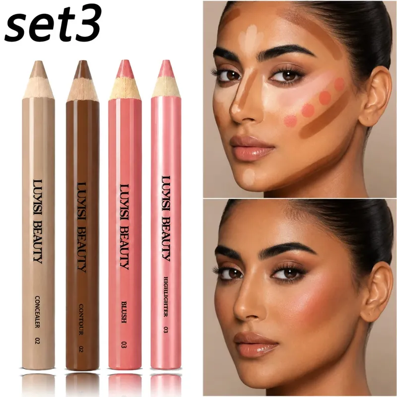 4pcs/Set Face Makeup Pens Concealer+Contour+Blush+Highlighter Waterproof Buildable Coverage Velvet Matte&Pearl Glow-Nourishing.
