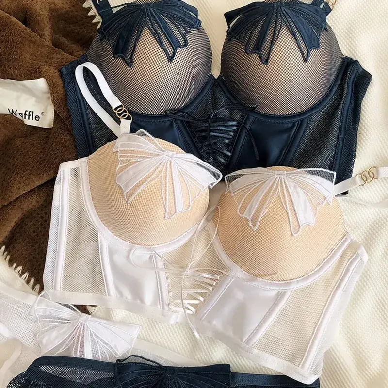 Bowknot Gauze Perspective Sexy Push Up Underwear Set Thick Small Bra Briefs Panties Lengthen Adjustable Intimates Belt