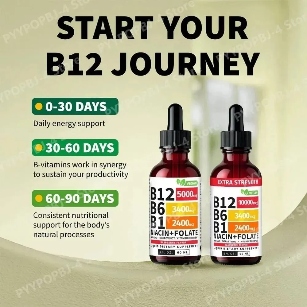 Vitamin B12 B6 Liquid Drops 60ml B Complex with B1 Niacin Folate Raspberry Vegan Daily Wellness Supplement 40 Servings Adults