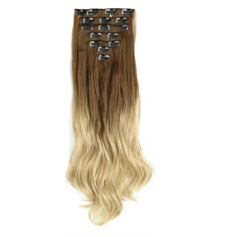 Clip in Hair Extensions Ombre Color Synthetic 7pcs Set Wavy Curly Hairpieces Black to Purple For Women Girls