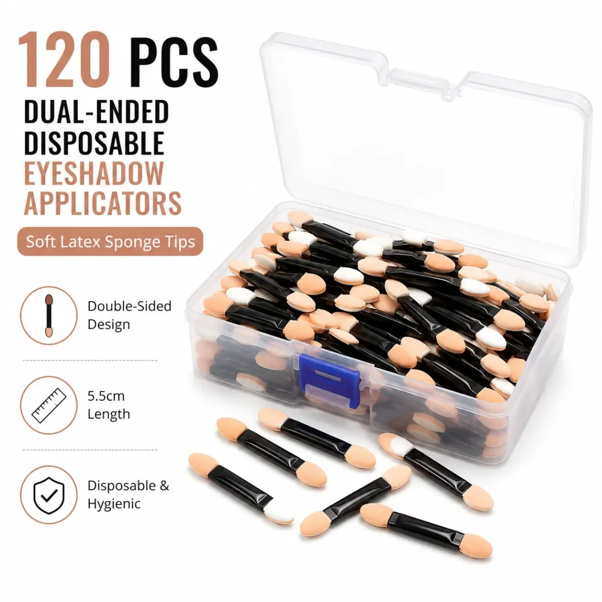 120PCS Disposable Dual Sides Eye Shadow Sponge Applicators with Container Length Eyeshadow Brushes Makeup Applicator — image 1