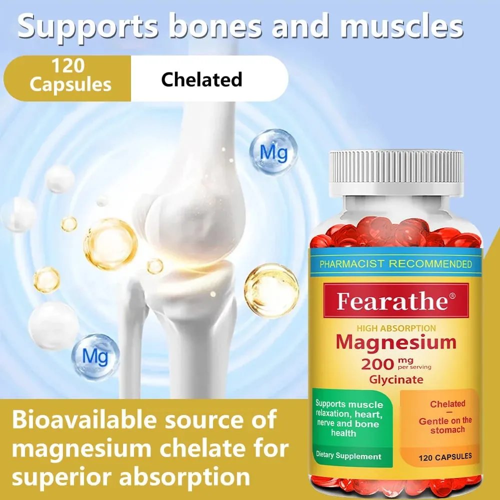 Magnesium Glycinate Capsules 200mg Mineral Supplement for Relaxation Sleep Muscle Bone Cardiovascular & Immune Health