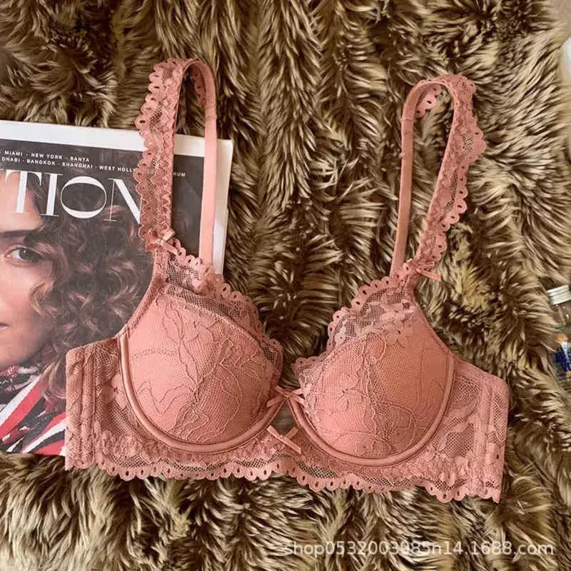 Conjunto de sutiã feminino de renda manga flutter francesa macio underwire fino respirável sexy minimizador beleza costas lingerie 32-38 ab