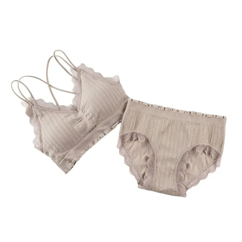 1Set Casual Lace Women Seamless Bra Set with Bra Pads V-Neck Lingerie Set Breathable Comfortable Sport Brassiere