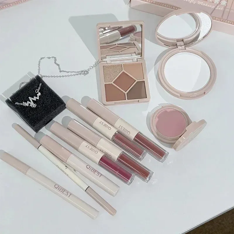 Multipurpose Makeup Set 4pc Double Head Lip Glaze Face Pressed Powder Blusher Eyeshadow Eyebrow Pencil Eyeliner Lip Oil