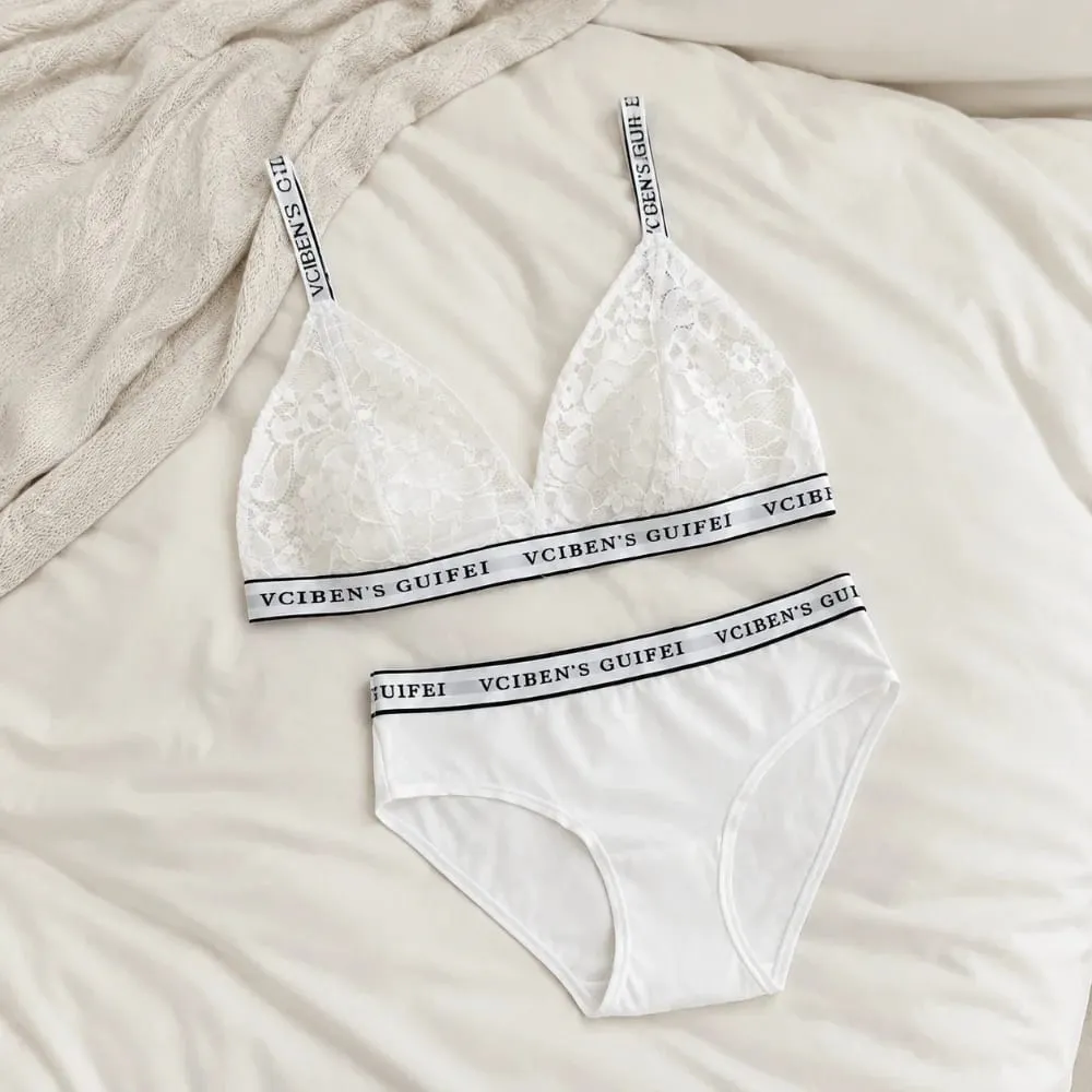 Comfortable Letter Design Lingerie Set Lace Wireless Women Underwear Suit Deep V Color Blocking Bra Panties Set Women