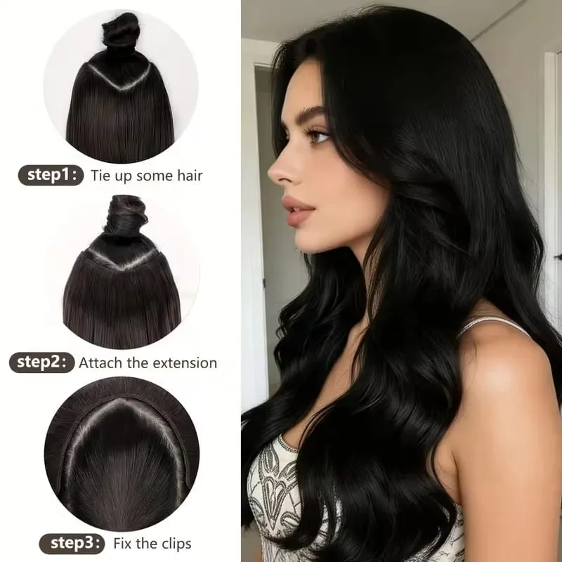 24Inch Synthetic Long V‑Shape Wavy Curly Hair Extensions Heat‑Resistant Fiber Soft Hairpiece for Women Daily Party Hairstyle