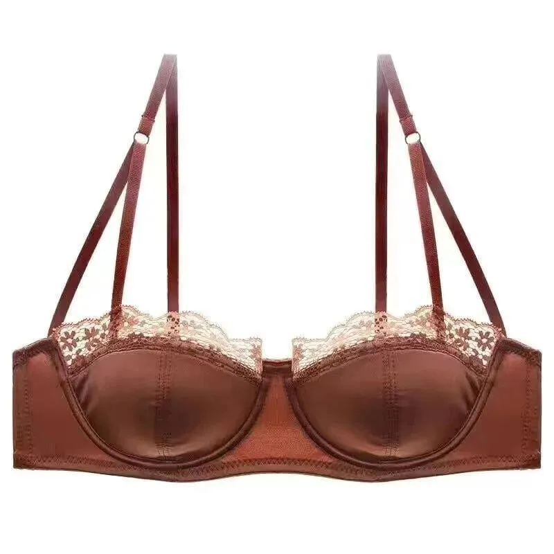 European -American sexy satin half cup comfortable upper support underwear set thin with steel ring green lace edge glossy bra