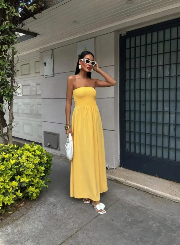 2026 Nieuwe zomermode effen kleur off-shoulder strapless taille-cinching lange jurk voor dames