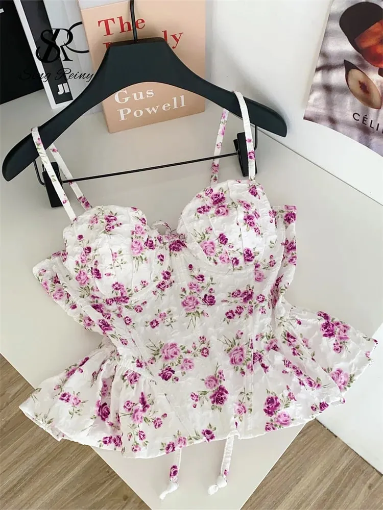 French Corset Print Beach Tank Top Female Strap Irregular Slim Hotsweet Camis Streetwear Vacation Bohe Sexy MIni Top — image 11