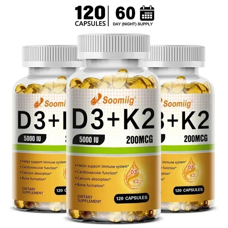 Vitamin D3 5000IU and 200 Mcg Vitamin K2 (MK-7) Capsules for Calcium Absorption Bone Regeneration Immune Support Easy To Melt