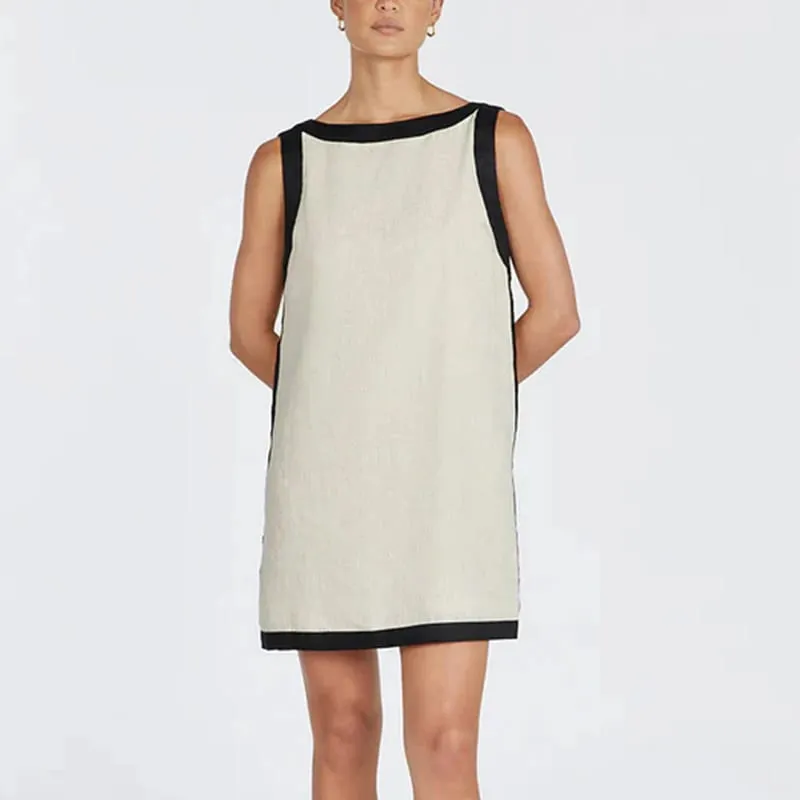 Chic Linen Summer Women Dress 2024 Solid Sleveelss Pacthwork Basic Tank Dress Elegant Ladies Dresses Summer Sale Boho Sundress