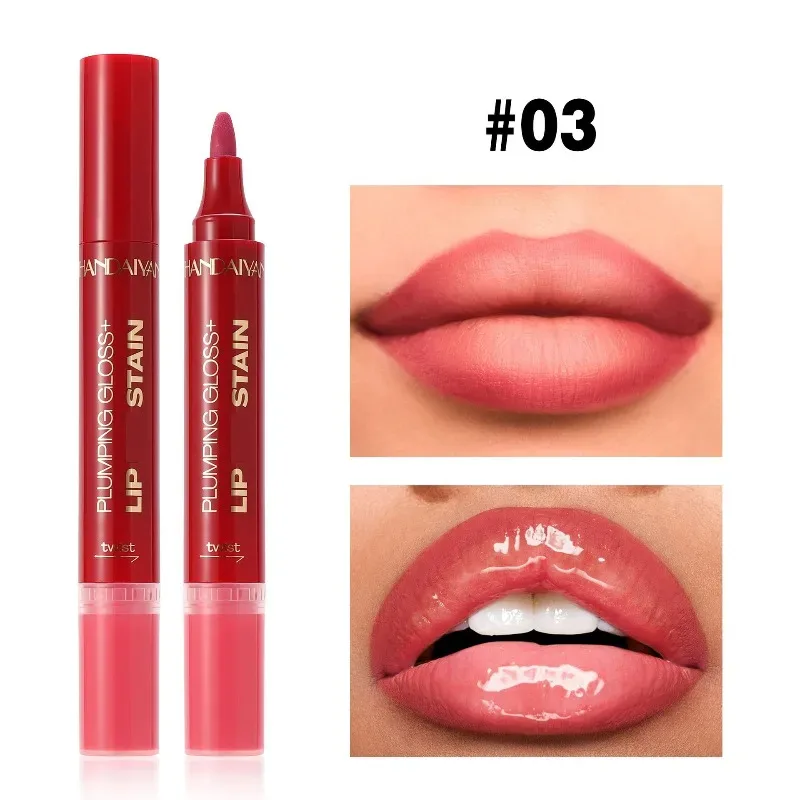 Double-headed Liquid Lip Gloss Pen Lip Contour Liner Oil 2 in 1 Lip Glaze Long Lasting Moisturizing Plumping Lips Stain Makeup