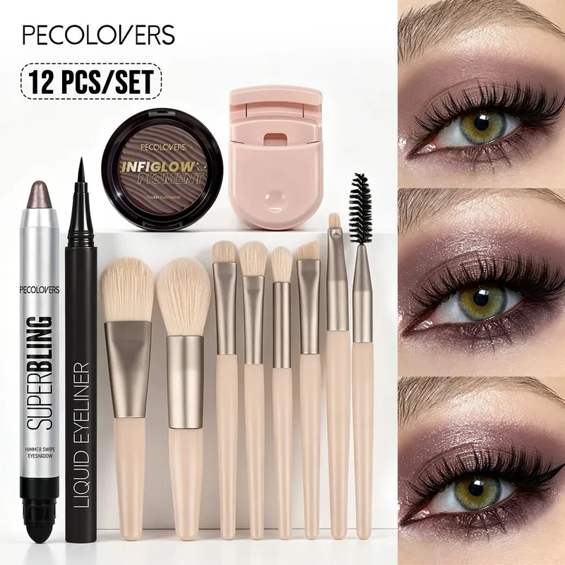 12PCS/SET Shimmer Eye Shadow Pen & Palette Liquid Eyeliner Lash Curler Eye Makeup Brushes Waterproof/Long Lasting