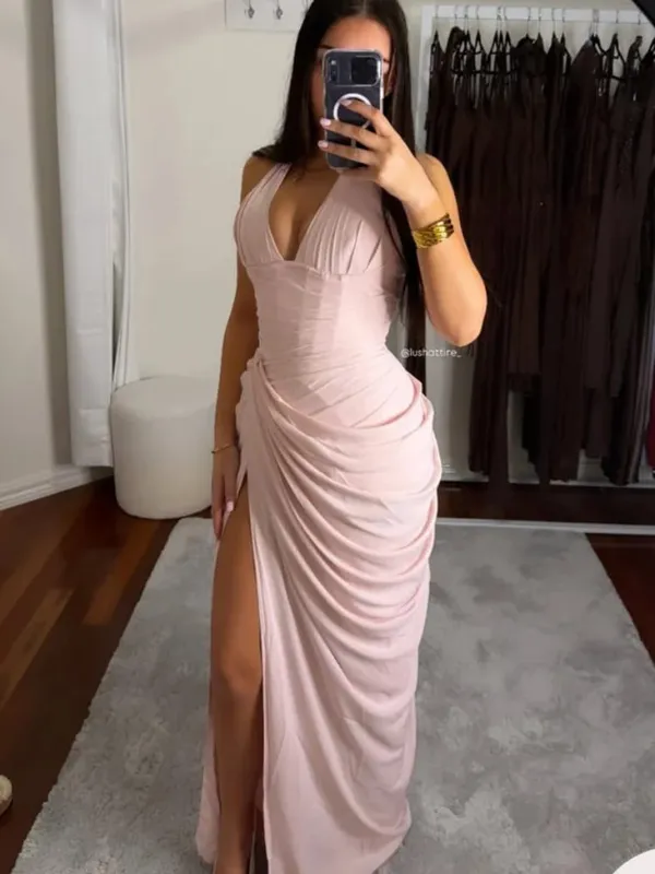 우아한 노란색 Strapless Pleated 롱 드레스 여성 세련된 솔리드 민소매 허리 Cinching 분할 가운 2026 레이디 이브닝 파티 가운