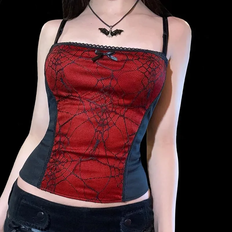 Gothic Punk Girl Spider Web Pattern Lace Patchwork Camis Women Sexy Sleeveless Square Collar Slim Tank Top Streetwear Crop Top — image 11