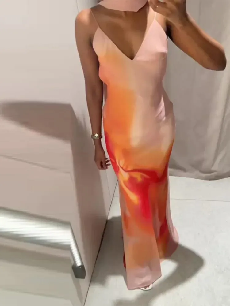 Elegant Tie-dye Gradient Print Sling Long Dress With Scarf Women Holiday Sleeveless Backless Evening Dress Summer Vacation Robes
