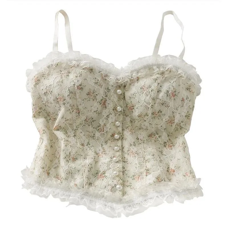 Summer Print Lace Crop Tops Women's Cropped Aesthetic Vest Y2K Corset Tank Top Camisole Vintage Tanks Camis Fashion Streetwear