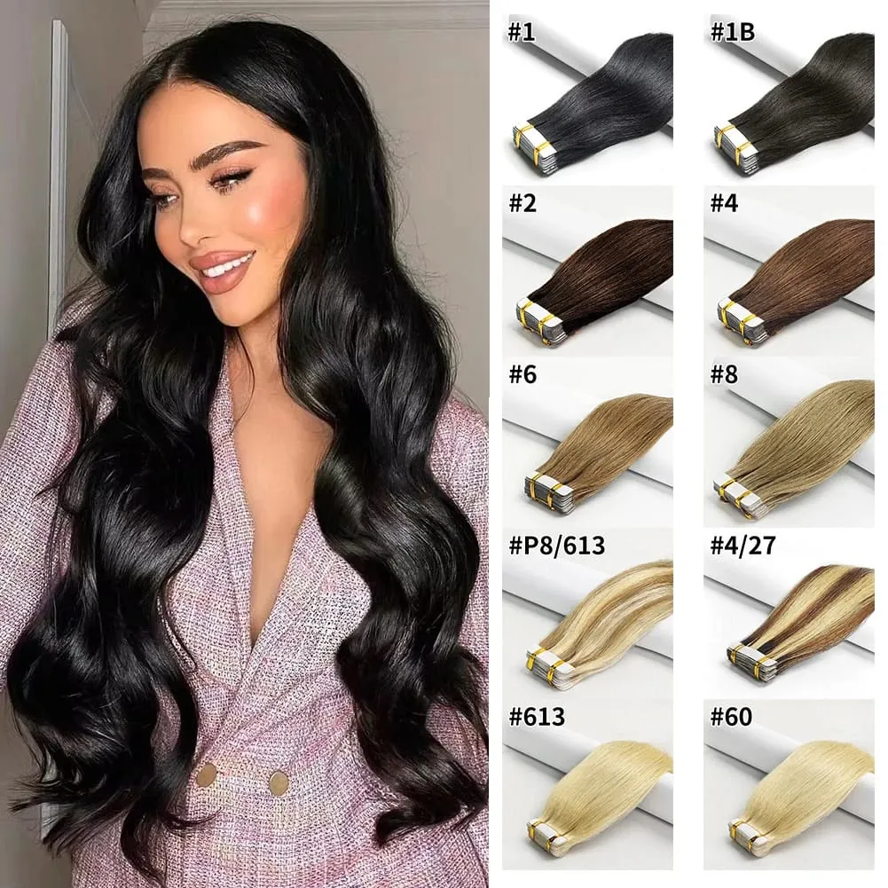 Tape In Hair Extensions Remy Human Hair 20pcs Straight Seamless Skin Weft Tape Hair Extensions Natural Black Hair For Women — image 2