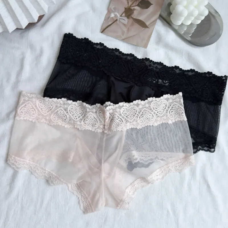 Cuecas masculinas de seda gelo com acabamento de renda fina e sem costura brilhante bolsa 3D calcinha leve confortável lingerie diária