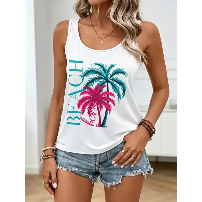 Women's Cool Summer Tops with Coconut Tree Prints Sleeveless Tops. Comfortable and Casual Beachwear for a Vacation Style.