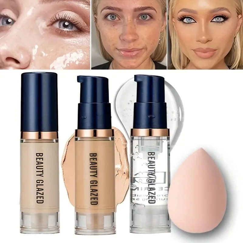 3Pcs Face Makeup Set Matte Long Lasting Waterproof Liquid Foundation+Primer+Puff — image 2