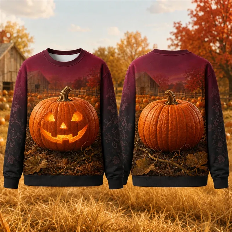 Autumn Winter Halloween Men Sweatshirt 3d Print Vintage Farm Pumpkin Lantern Pullover Sweatshirt Thanksgiving Party Unisex Top