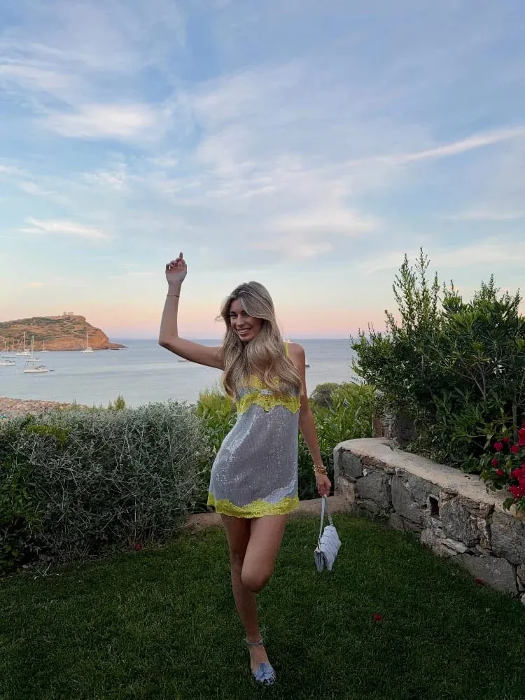 Gümüş Sarı Patchwork Dantel Kayma Mini Elbise Rahat V Yaka Şeffaf Dantel Trim Elbiseler kadın Yaz Plaj Tatil Törenlerinde 2026 Yeni — image 7