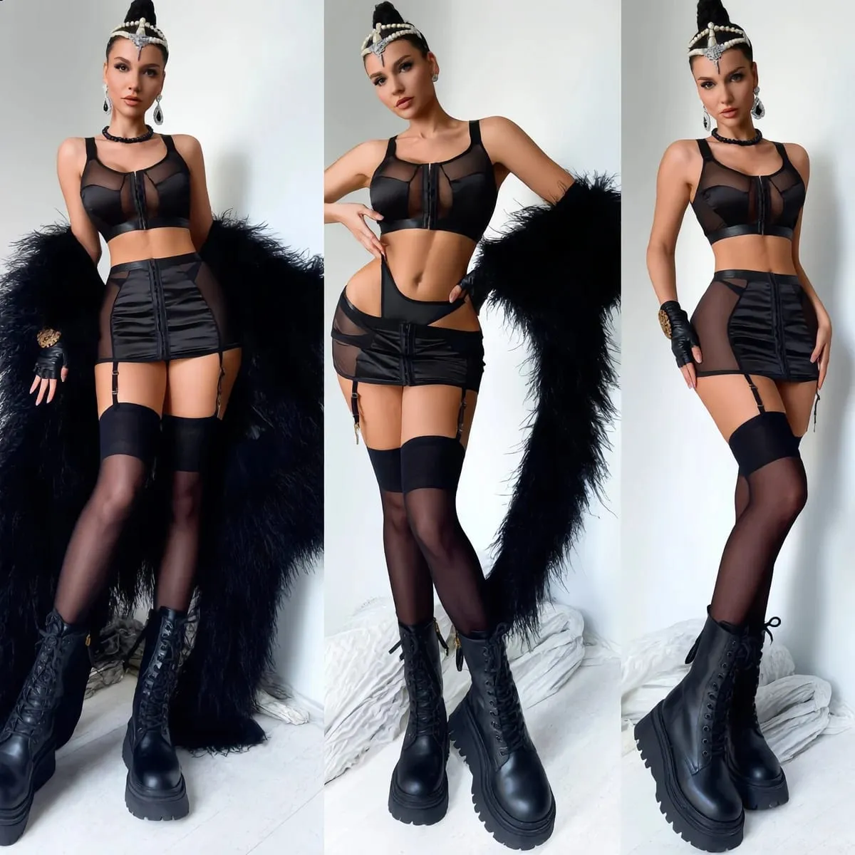 Diccvicc Black Satin Mesh Lingerie Set with Skirt Garter Belt Front Hook Crop Top Bra Lace Up Corset Back 3 Pieces Teddy Outfits