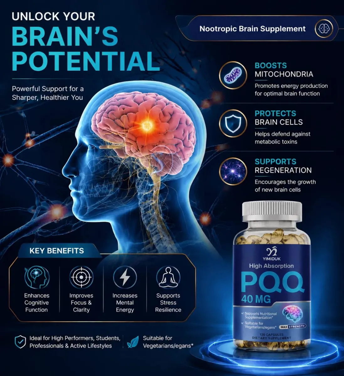 Premium PQQ Capsules Supports Brain Heart & Joint Health Enhances Sleep Quality Metabolism & immune Reduces Inflammation
