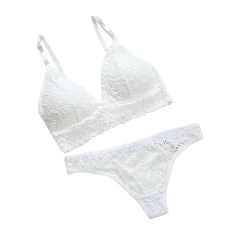 Sweet V Neck Lace Flower Bra Set Solid Color Thong Floral Panties Bra Kit Low Waist Lingerie Lace Underwear Romantic Night