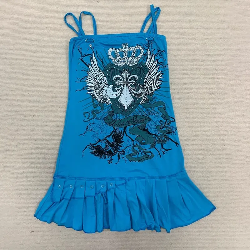 Women Blue Graphic Print Mini Dress Spaghetti Strap Pleated Ruffle Hem Bodycon Y2K Gothic Punk Streetwear Summer Party Clubwear