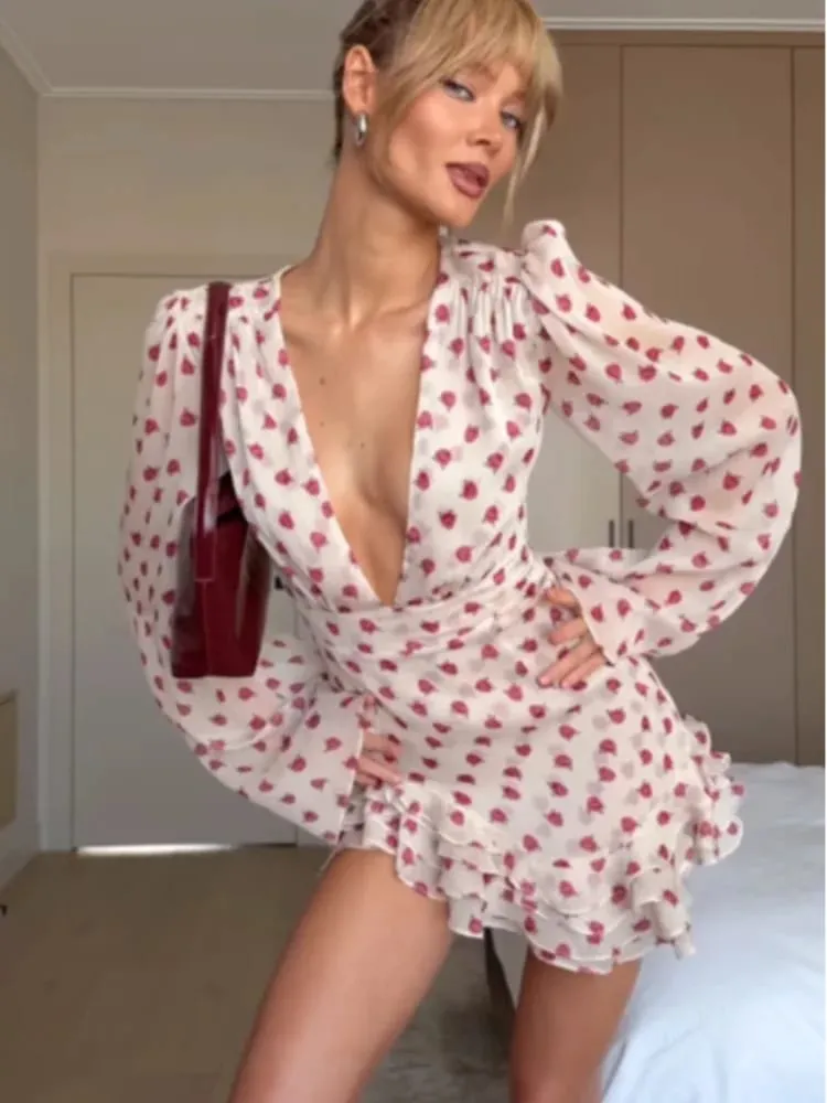 Printed Deep V-neck Short Puff Sleeves Dresses Lady Casual High Waisted Layered Ruffle Hem Mini Dress Spring Party Dating Gowns — image 4