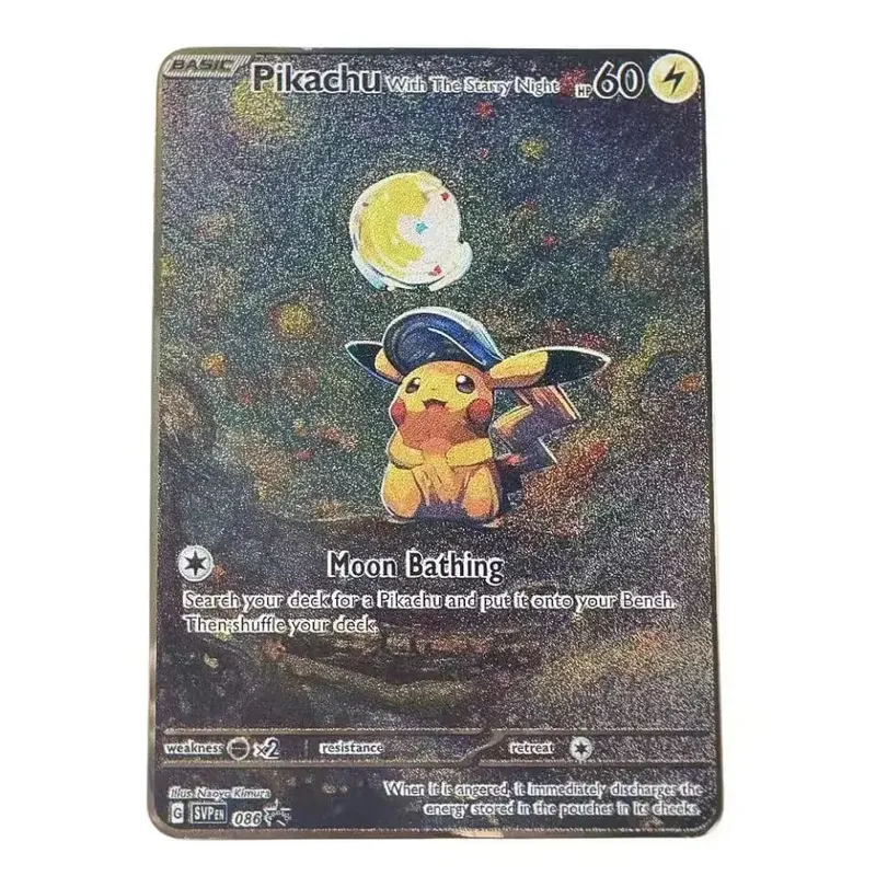 Van Gogh Museum Pokemon English Metal Card Anime Pikachu Charizard Mewtwo Shiny Letters Game Collection Card Kids Toy Gifts