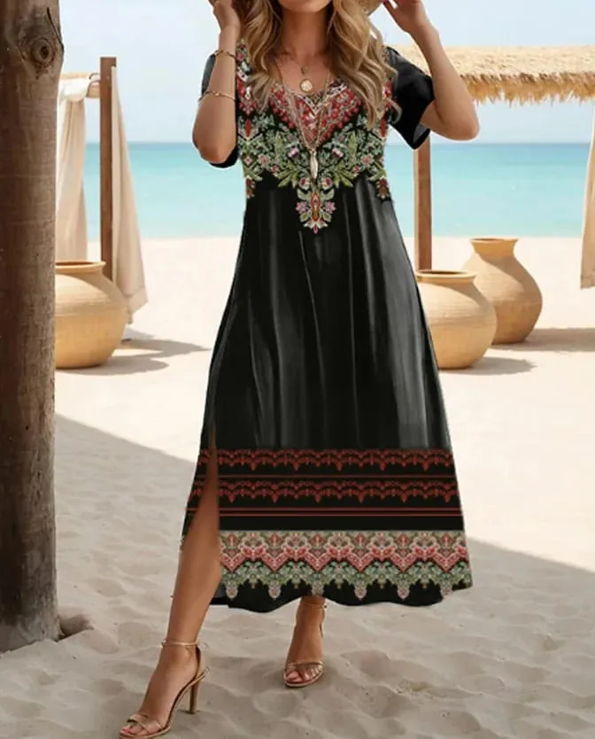 Ethnic Bohemian floral print casual vacation short-sleeved large-size dress — image 2