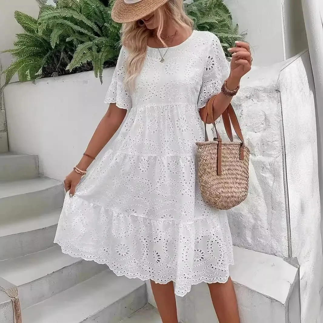 Nữ Trắng Silicon Thêu Đầm Midi Khoét Hở Boho Flowy Xù Tầng Váy Đầm Ngắn Tay Đi Biển Mùa Hè Áo — image 2