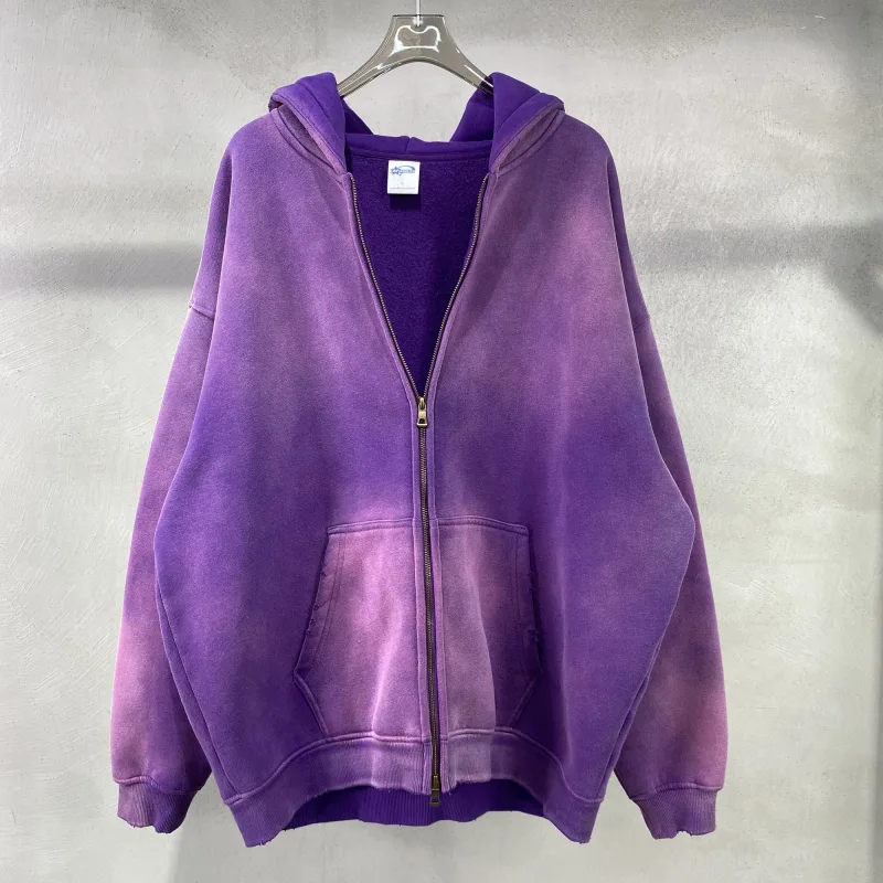 Zip Up hoodies herr Tie Dye Washed Double Oversize Cardigan Sweatshirt Lös Plush Plysch Gradient Man Huvtröjor Vinter