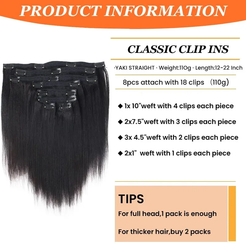 Seamless Light Yaki Straight PU Clips In Human Hair Extensions Natural Color Invisible Weft In Brazilian Remy Human Hair 110G