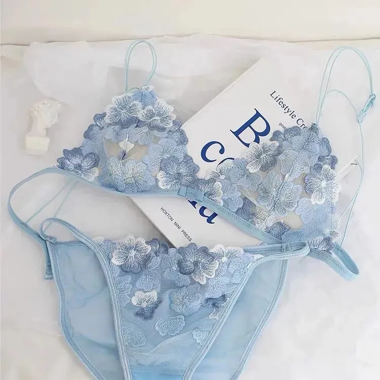 French Triangle Cup Bralette Embroidered Lace Wireless See Through Hollow Out Sexy Pure Desire Lingerie Set MOYISU Sexy Tushy