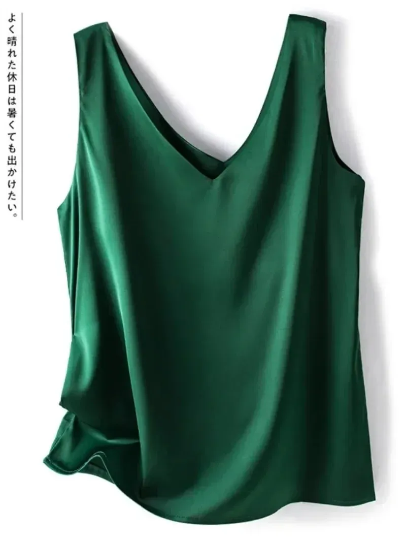女性 Tシャツエレガントなシルクサテンブラウスノースリーブ女性の夏のカジュアルルーズタンクとキャミソール固体グリーントップス女性のための — image 2