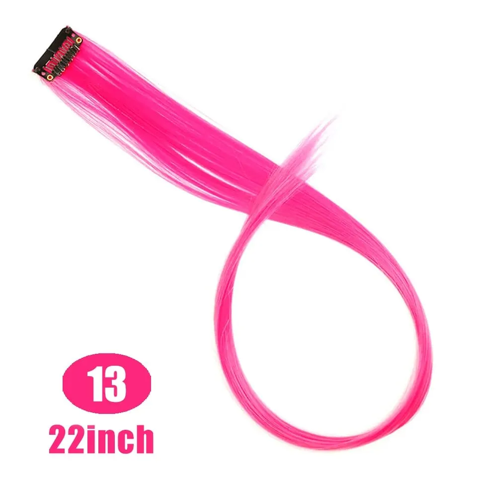 22" Synthetic Long Straight Rainbow Highlight Colored Hair Extensions Clip In One Piece Ombre Pink Purple Green Yellow For Wome