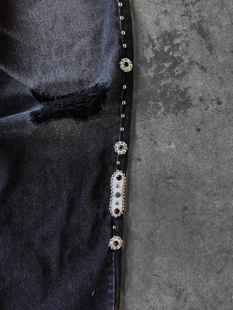 Mens Jeans Punk Vintage Streetwear Black Wide Leg Denim Pants Rhinestone Pearl Decor Ripped Distressed Loose Fit Y2K Fashion
