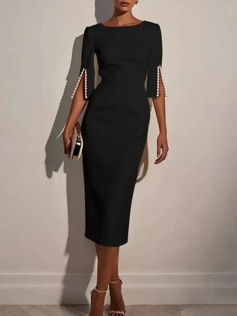 Women's Solid Color Elegant Round Neck Half Sleeve Beaded Decorated Slim Fit Midi Dress