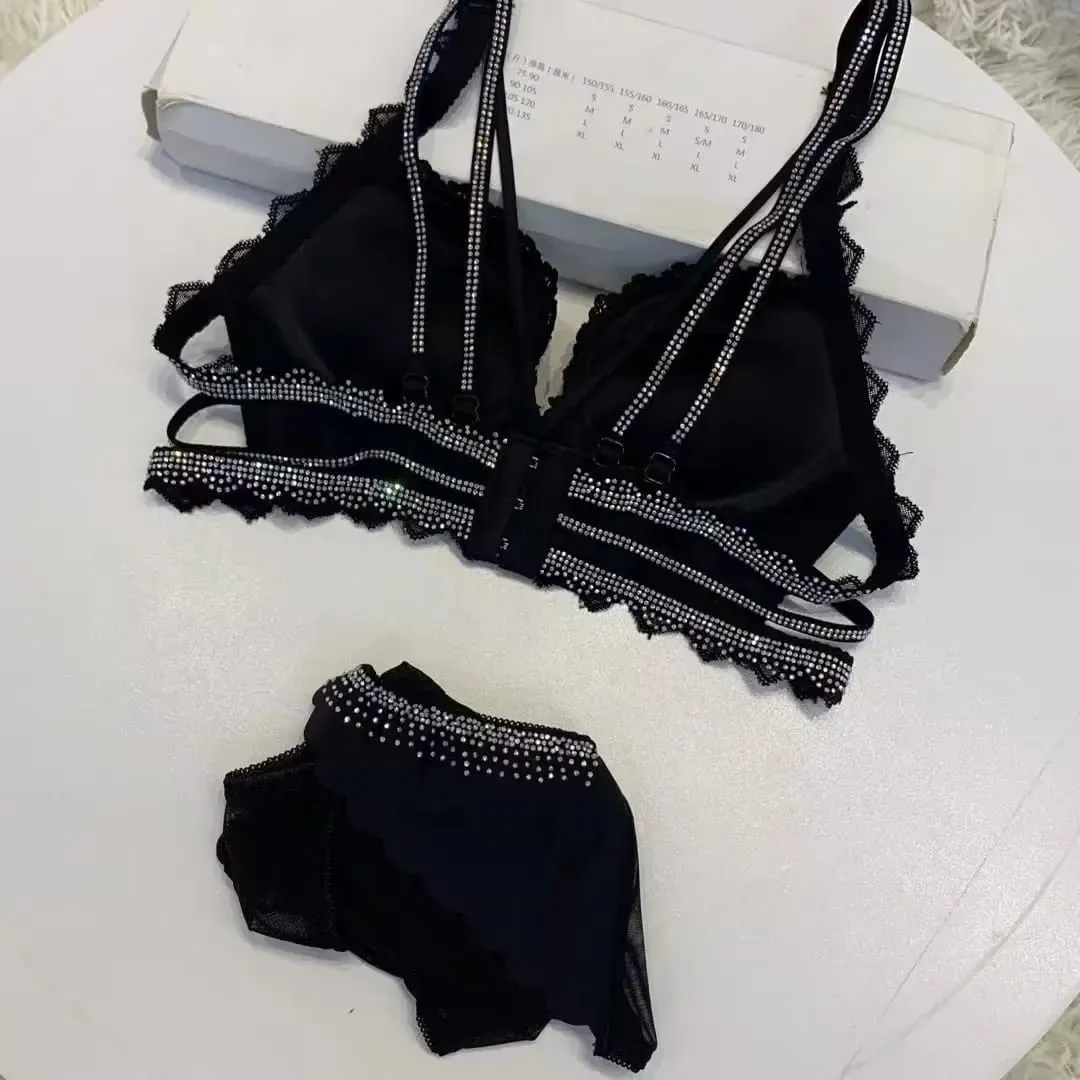 (Bralette For Small Breasts) New Rhinestone Leopard Print Thickened Lingerie Small Breasts Gathering Hollow Out Women's Bra Set — image 3