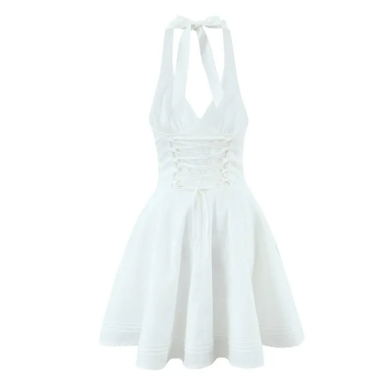 Sexy Deep V Halter Bílé minišaty Dámská Móda Bez zad Elegantní společenské šaty Letní Župan Šněrovací Vestidos