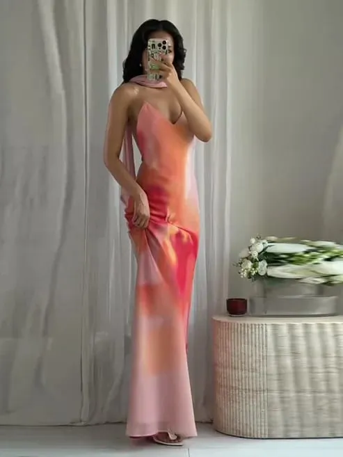 Elegant Tie-dye Gradient Print Sling Long Dress With Scarf Women Holiday Sleeveless Backless Evening Dress Summer Vacation Robes