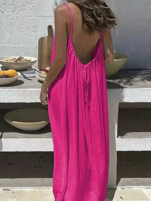 2026 Summer New Casual Seaside Vacation Women Long Skirt Fashionable Solid Color Sexy Suspender Backless Loose Dress Large Size