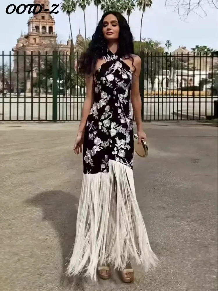 Vintage Print Tassel Asymmetrical Long Dress Women Halter Sleeveless Backless Female Party Dresses Spring Summer Lady Chic Robe